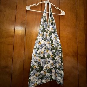 Skimpy cotton halter dress, floral frangipani pattern. American Apparel.